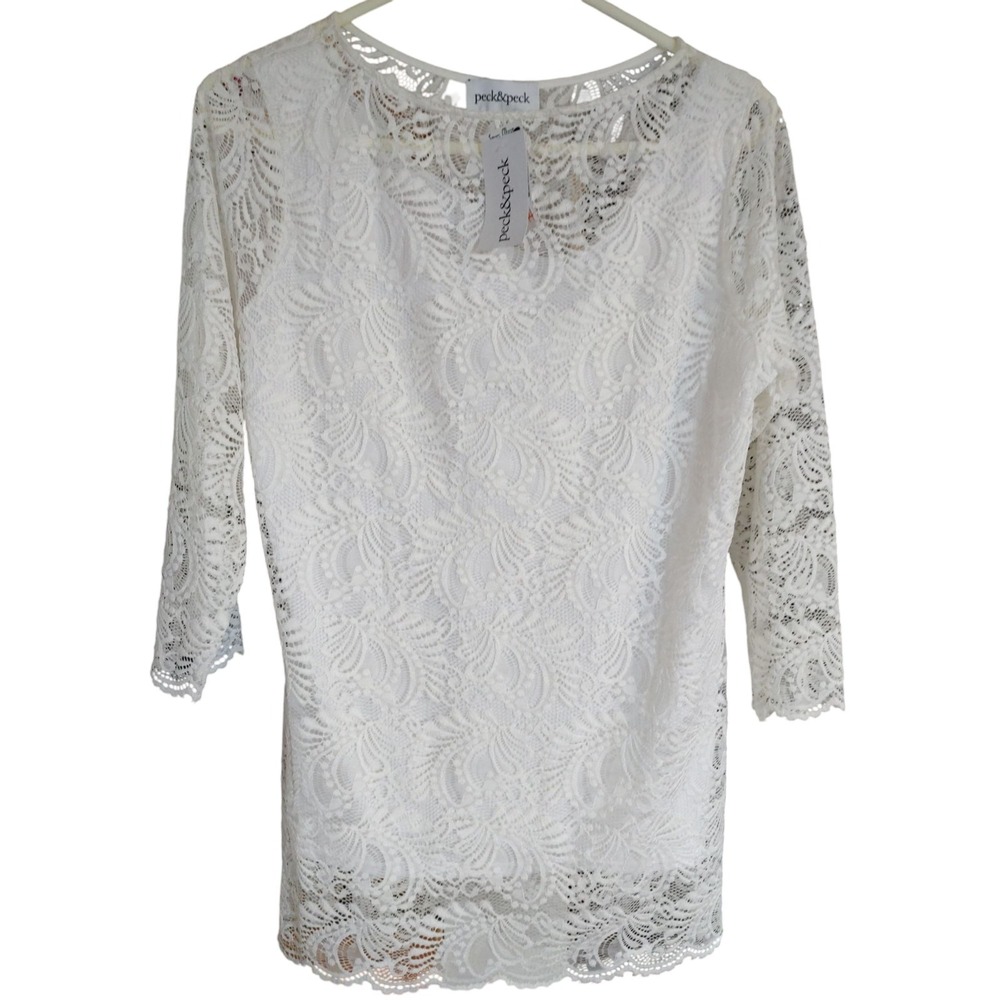 Peck and Peck White Lace Tunic Shirt Lined Round Neckline Womens Size Large New